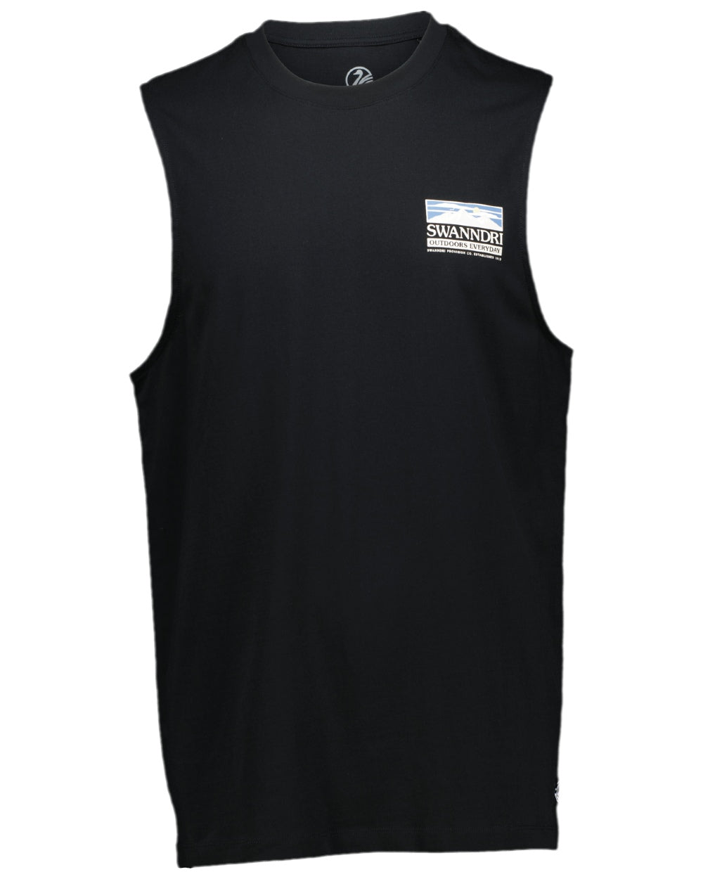 Black Coloured Swanndri Mens Lindis Printed Tank on white background #colour_black