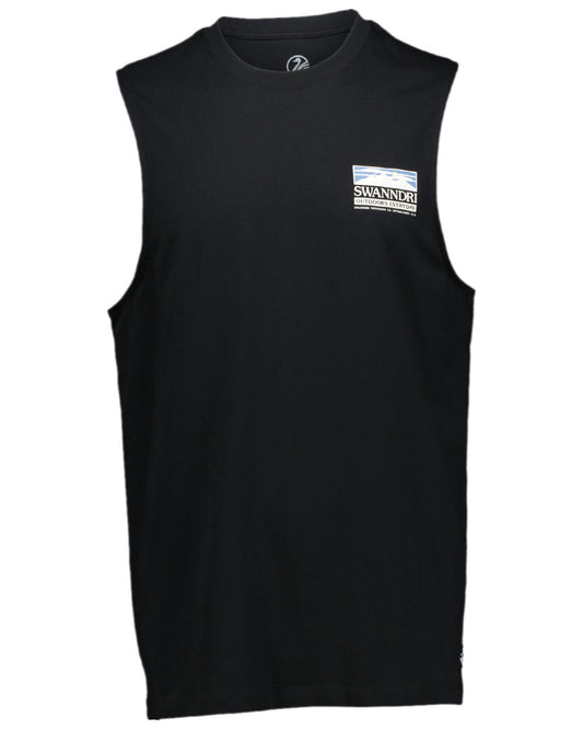 Black Coloured Swanndri Mens Lindis Printed Tank on white background #colour_black