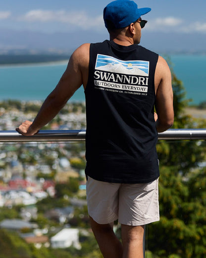 Black Coloured Swanndri Mens Lindis Printed Tank on outdoor background #colour_black