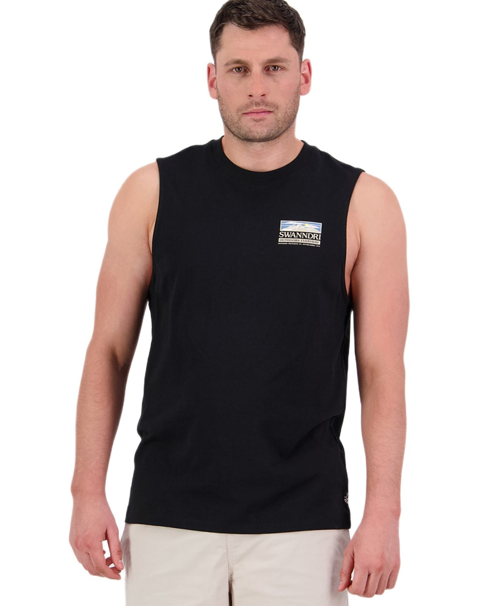 Black Coloured Swanndri Mens Lindis Printed Tank on white background #colour_black