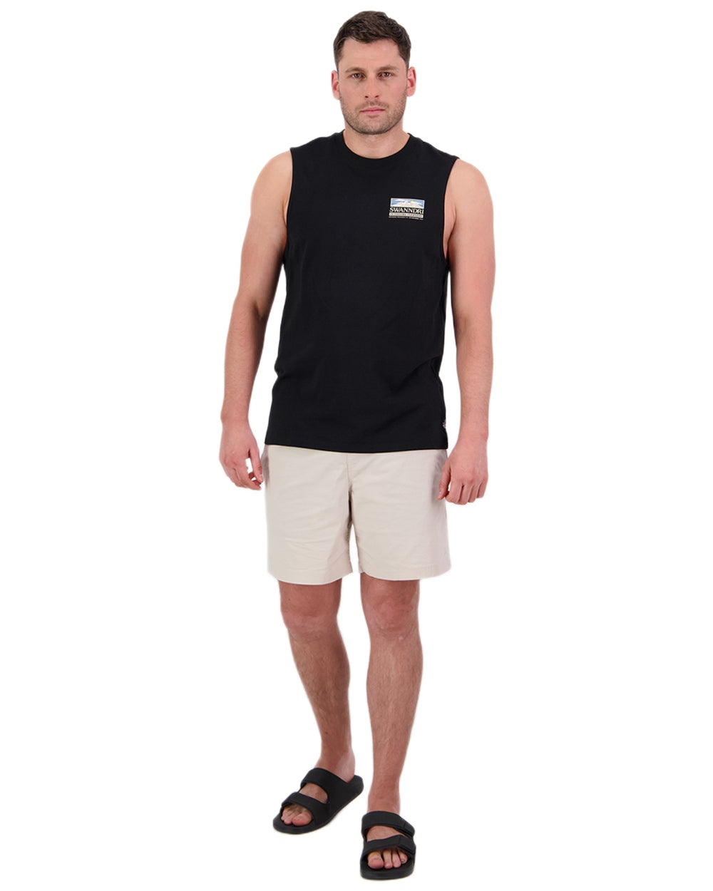 Black Coloured Swanndri Mens Lindis Printed Tank on white background #colour_black