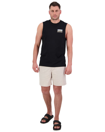 Black Coloured Swanndri Mens Lindis Printed Tank on white background #colour_black