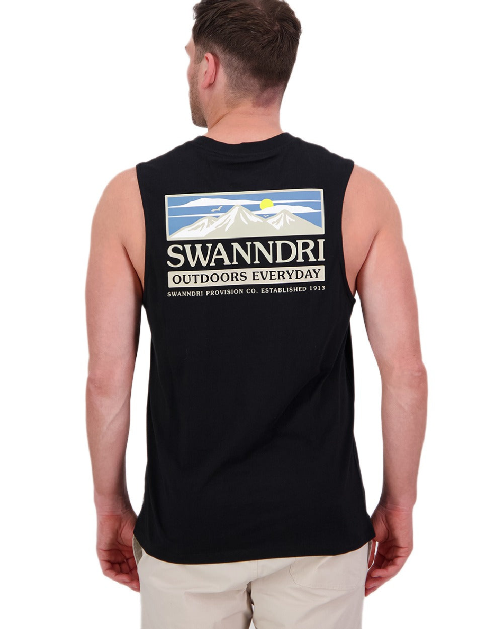 Black Coloured Swanndri Mens Lindis Printed Tank on white background #colour_black