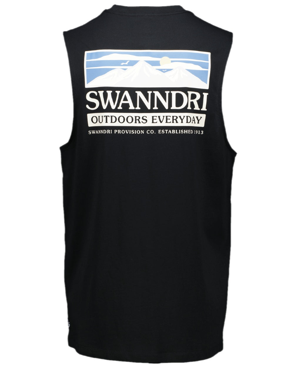 Black Coloured Swanndri Mens Lindis Printed Tank on white background #colour_black