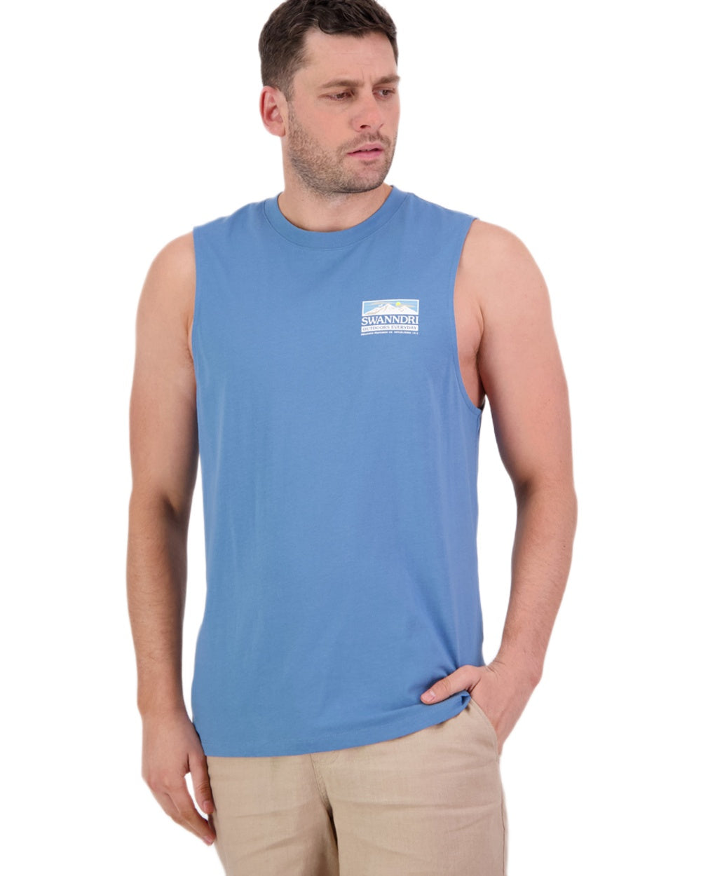 Smoke Blue Coloured Swanndri Mens Lindis Printed Tank on white background #colour_smoke-blue