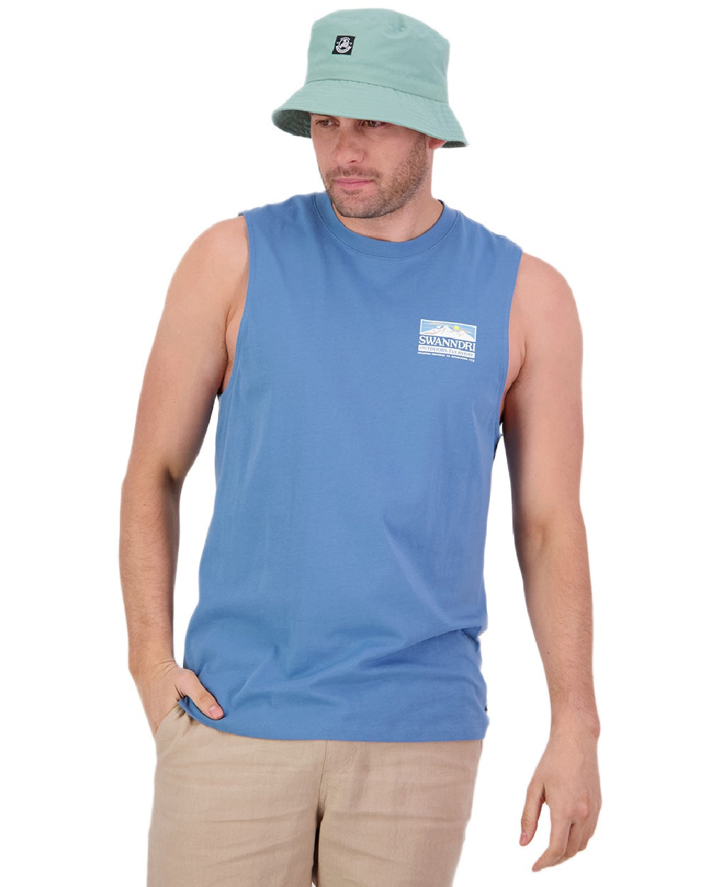 Smoke Blue Coloured Swanndri Mens Lindis Printed Tank on white background #colour_smoke-blue