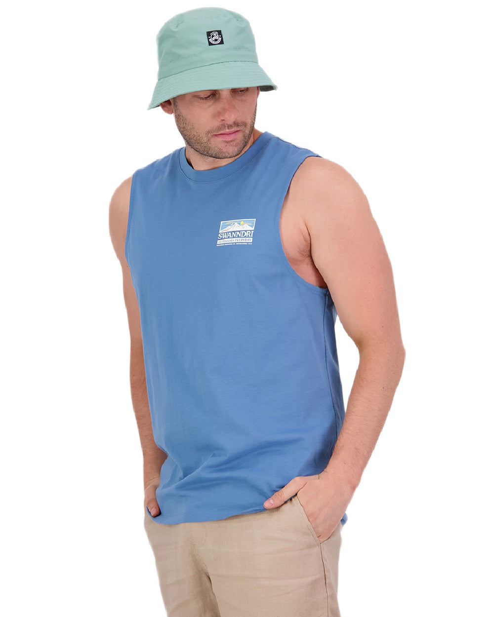 Smoke Blue Coloured Swanndri Mens Lindis Printed Tank on white background #colour_smoke-blue