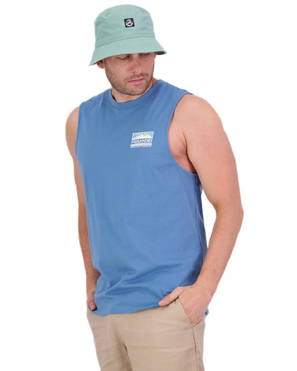 Smoke Blue Coloured Swanndri Mens Lindis Printed Tank on white background #colour_smoke-blue