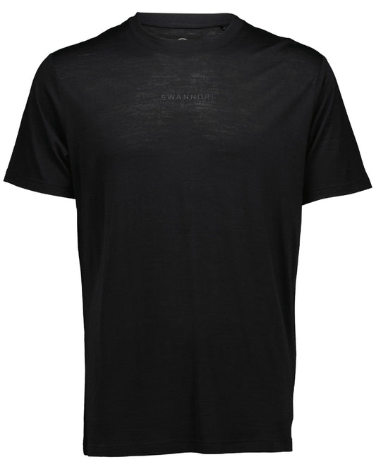Black Coloured Swanndri Mens Merino Fusion T-Shirt on white background #colour_black