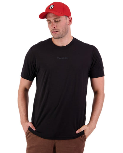 Black Coloured Swanndri Mens Merino Fusion T-Shirt on white background #colour_black
