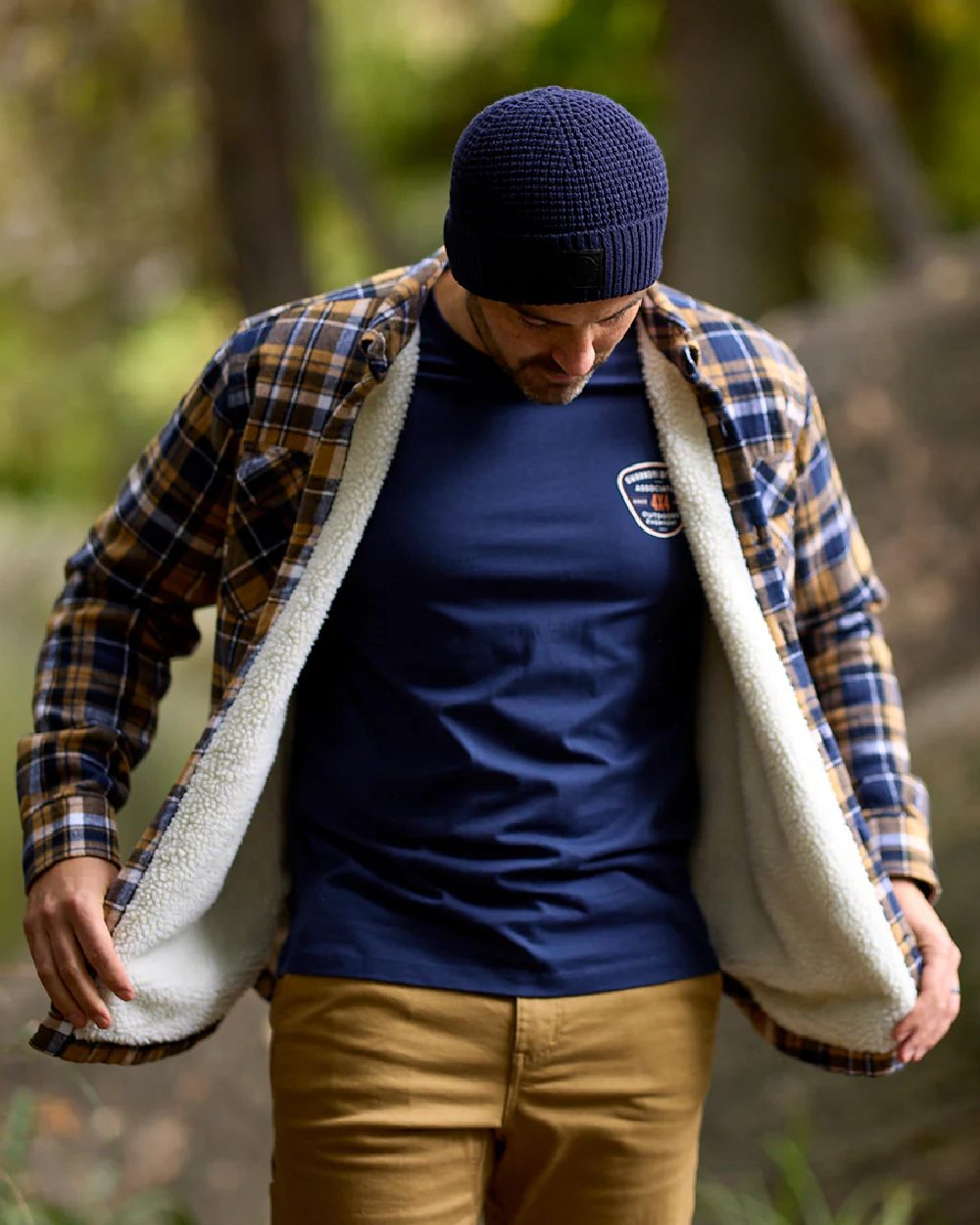 Navy Cashew Coloured Swanndri Mens Morven Sherpa Long Sleeve Shirt on outdoor background #colour_navy-cashew