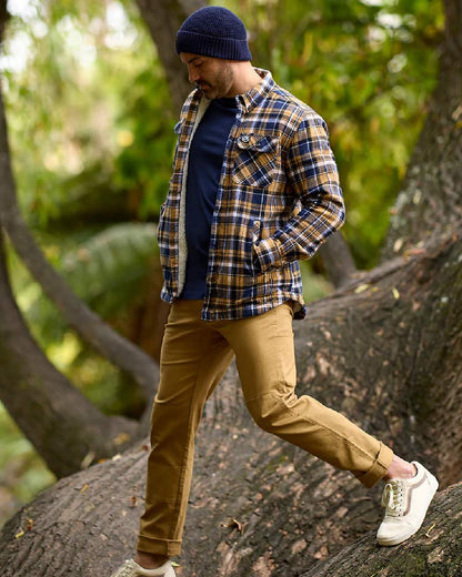Navy Cashew Coloured Swanndri Mens Morven Sherpa Long Sleeve Shirt on outdoor background #colour_navy-cashew