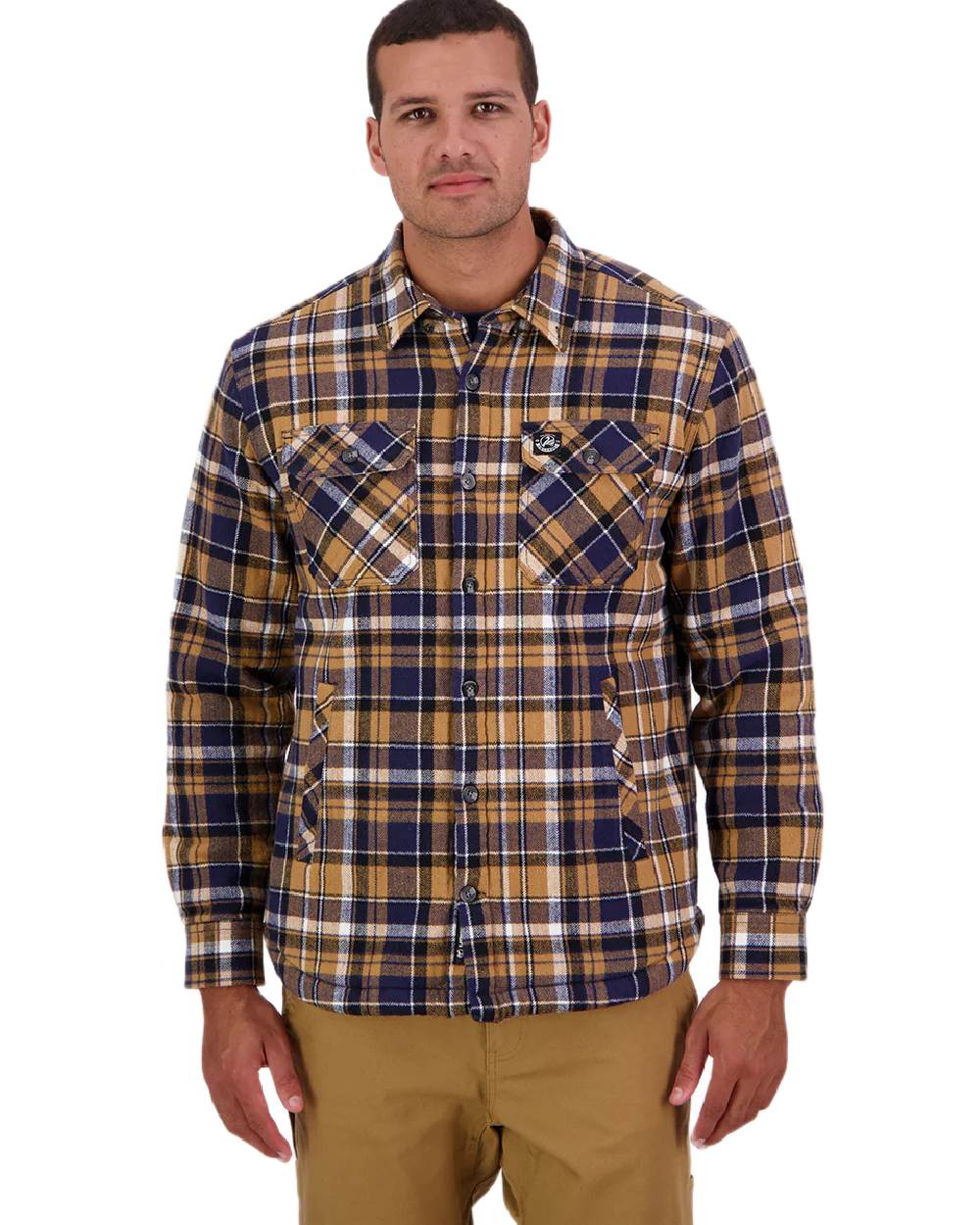 Navy Cashew Coloured Swanndri Mens Morven Sherpa Long Sleeve Shirt on white background #colour_navy-cashew