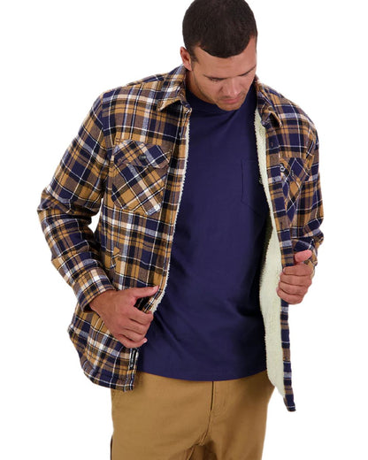 Navy Cashew Coloured Swanndri Mens Morven Sherpa Long Sleeve Shirt on white background #colour_navy-cashew