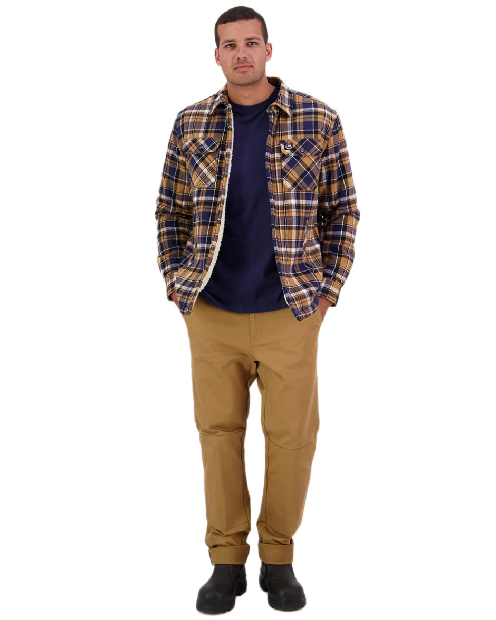 Navy Cashew Coloured Swanndri Mens Morven Sherpa Long Sleeve Shirt on white background #colour_navy-cashew