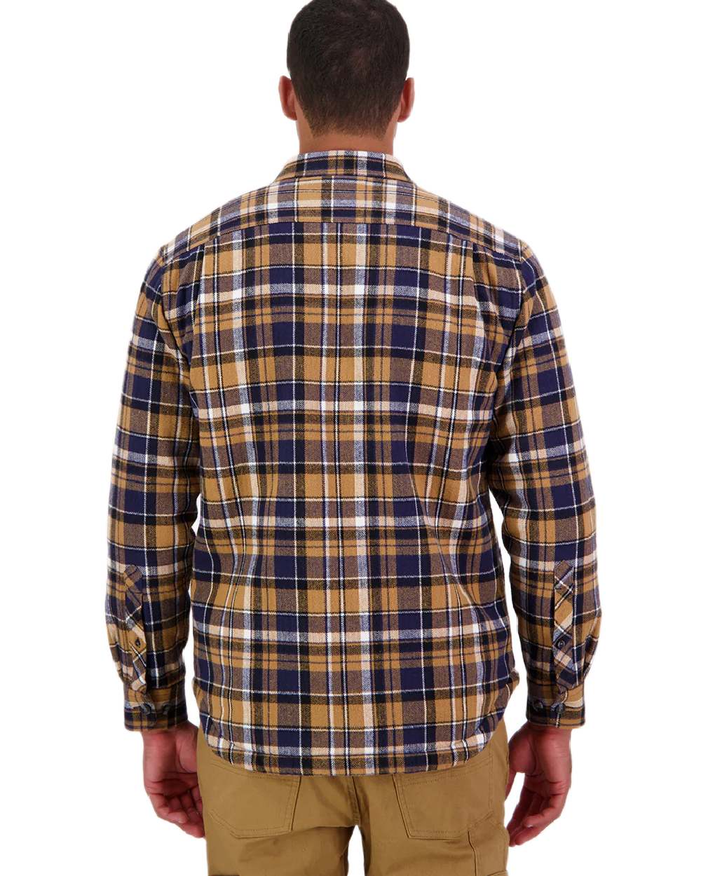 Navy Cashew Coloured Swanndri Mens Morven Sherpa Long Sleeve Shirt on white background #colour_navy-cashew