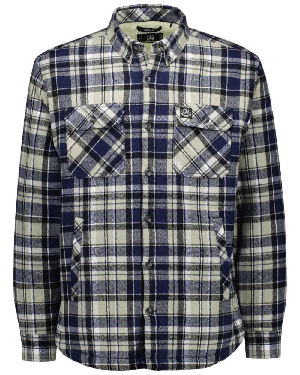 Navy Horizon Grey Coloured Swanndri Mens Morven Sherpa Long Sleeve Shirt on white background #colour_navy-horizon-grey