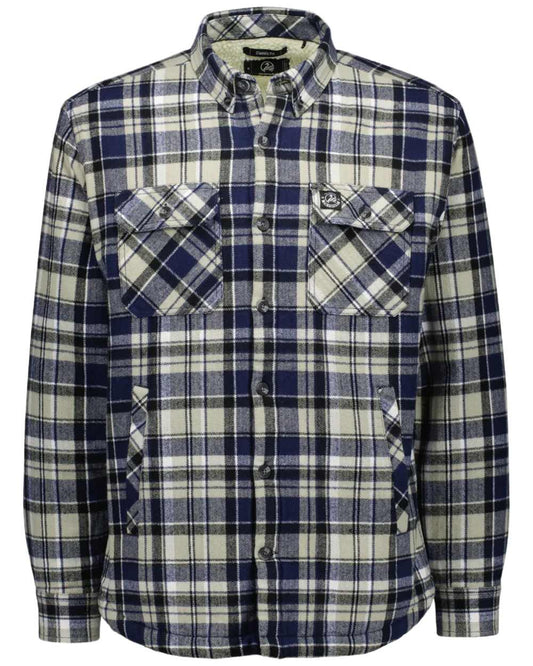 Navy Horizon Grey Coloured Swanndri Mens Morven Sherpa Long Sleeve Shirt on white background #colour_navy-horizon-grey