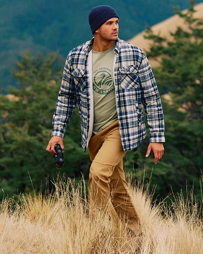 Navy Horizon Grey Coloured Swanndri Mens Morven Sherpa Long Sleeve Shirt on outdoor background #colour_navy-horizon-grey