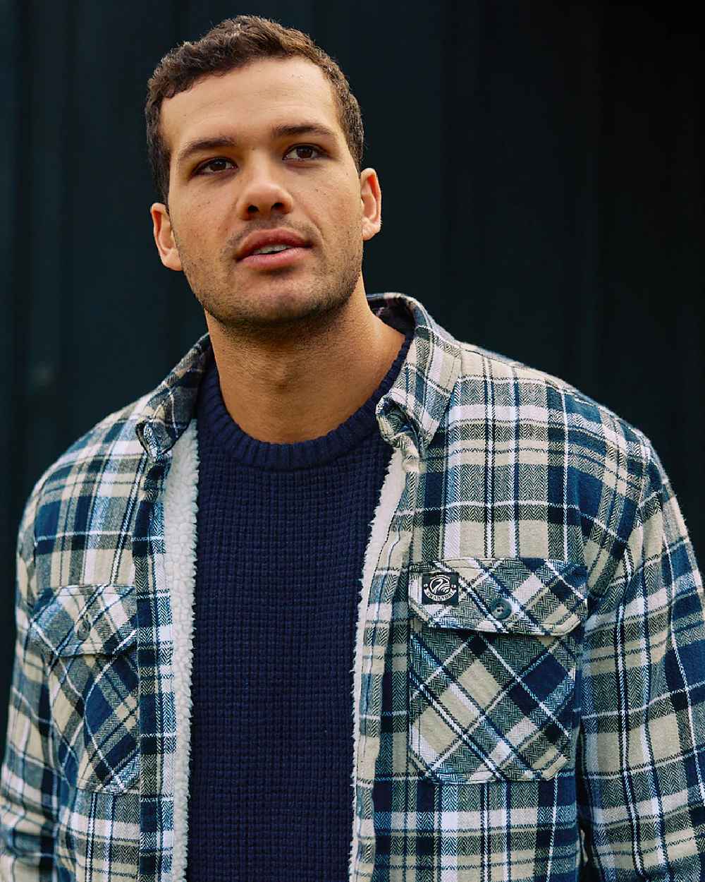 Navy Horizon Grey Coloured Swanndri Mens Morven Sherpa Long Sleeve Shirt on outdoor background #colour_navy-horizon-grey