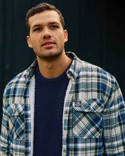 Navy Horizon Grey Coloured Swanndri Mens Morven Sherpa Long Sleeve Shirt on outdoor background #colour_navy-horizon-grey