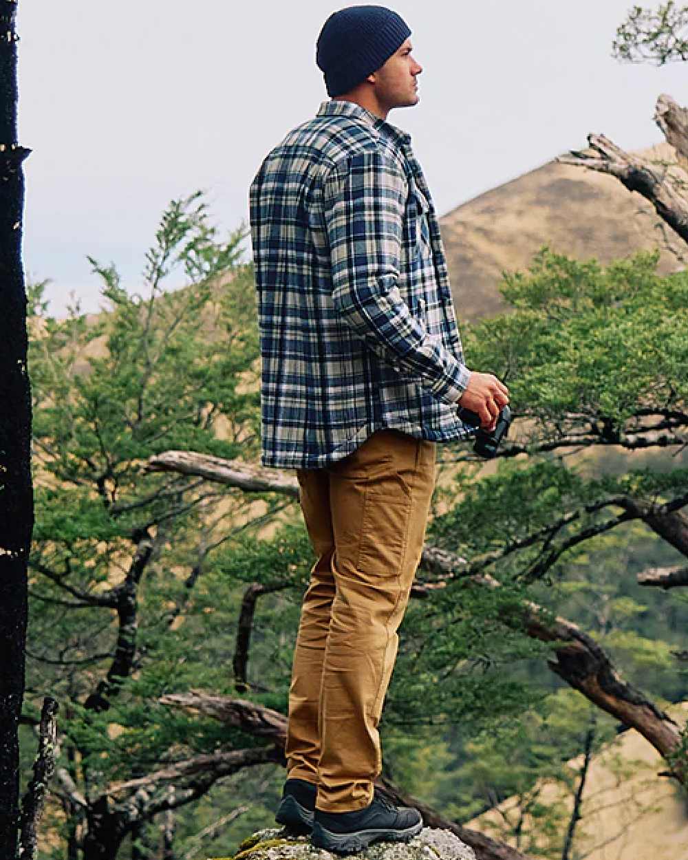 Navy Horizon Grey Coloured Swanndri Mens Morven Sherpa Long Sleeve Shirt on outdoor background #colour_navy-horizon-grey