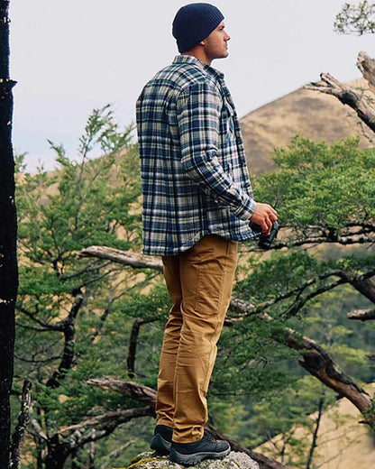 Navy Horizon Grey Coloured Swanndri Mens Morven Sherpa Long Sleeve Shirt on outdoor background #colour_navy-horizon-grey