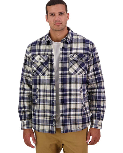 Navy Horizon Grey Coloured Swanndri Mens Morven Sherpa Long Sleeve Shirt on white background #colour_navy-horizon-grey