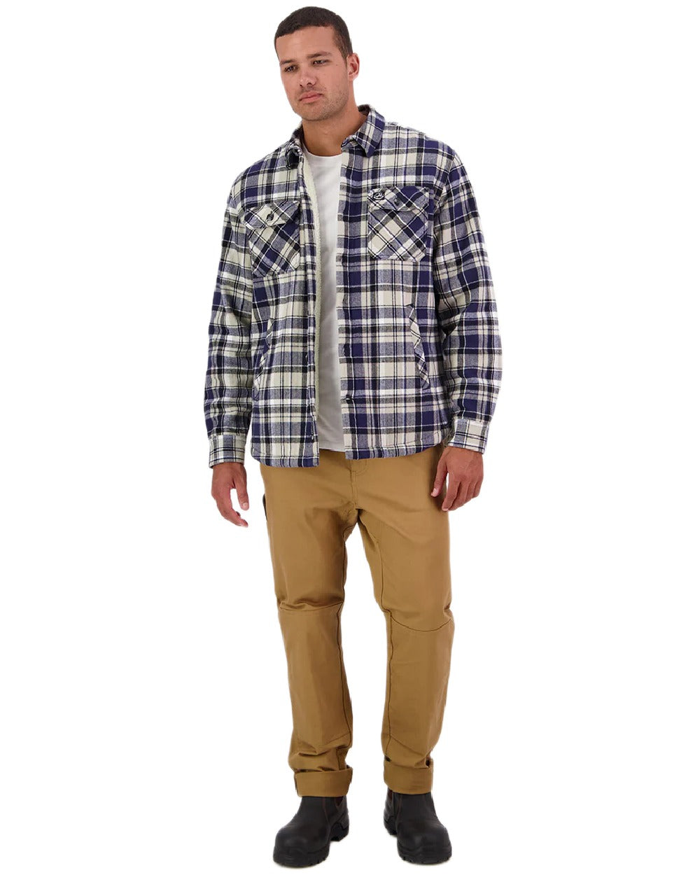 Navy Horizon Grey Coloured Swanndri Mens Morven Sherpa Long Sleeve Shirt on white background #colour_navy-horizon-grey
