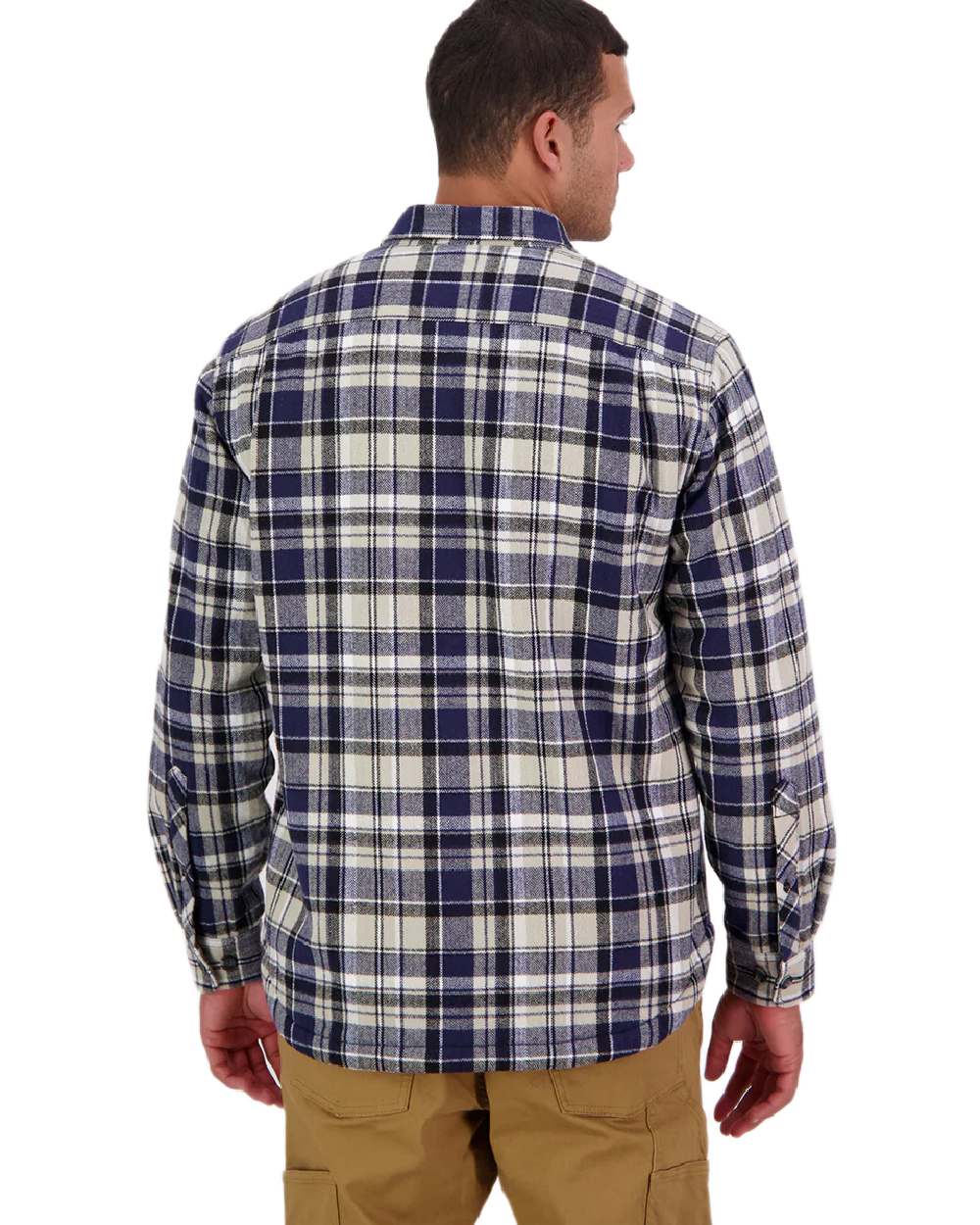 Navy Horizon Grey Coloured Swanndri Mens Morven Sherpa Long Sleeve Shirt on white background #colour_navy-horizon-grey