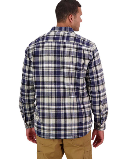 Navy Horizon Grey Coloured Swanndri Mens Morven Sherpa Long Sleeve Shirt on white background #colour_navy-horizon-grey