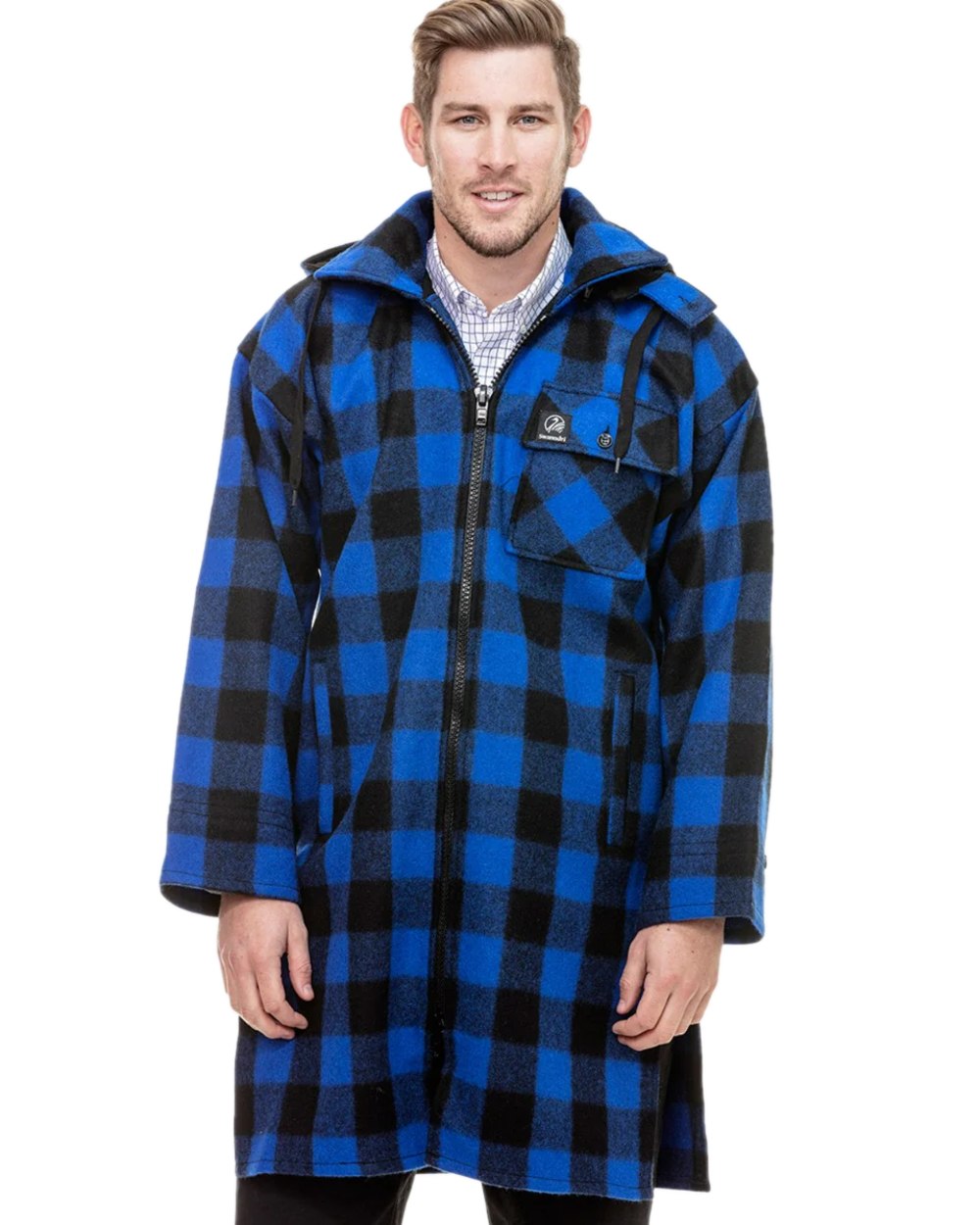 Blue Black Check Coloured Swanndri Mens Mosgiel Wool Bushshirt with Zip-up Front on white background #colour_blue-black-check