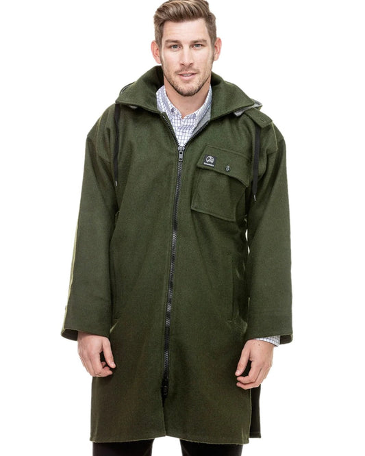 Olive Coloured Swanndri Mens Mosgiel Wool Bushshirt with Zip-up Front on white background #colour_olive