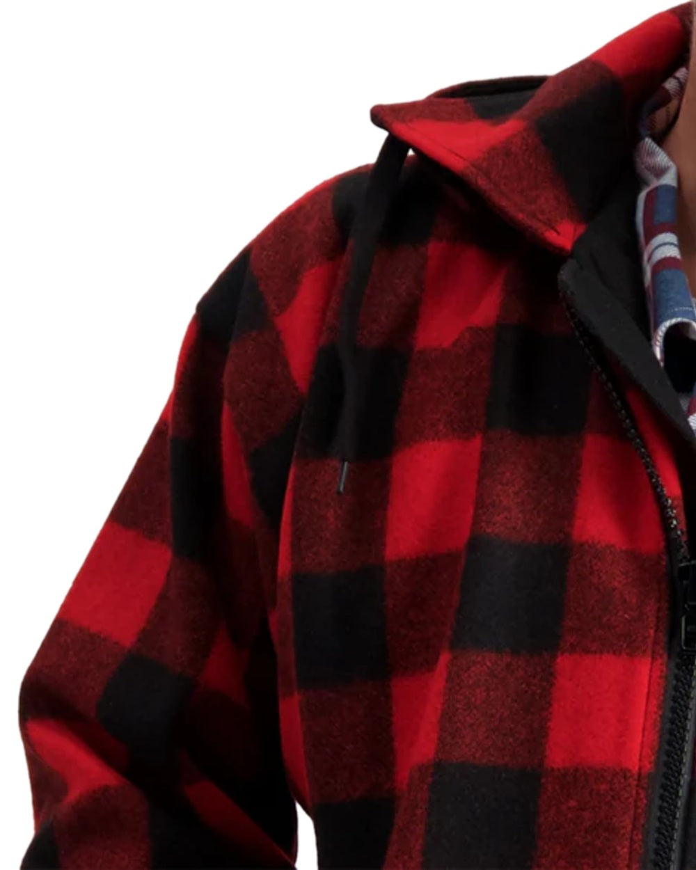 Red Black Check Coloured Swanndri Mens Mosgiel Wool Bushshirt with Zip-up Front on white background #colour_red-black-check