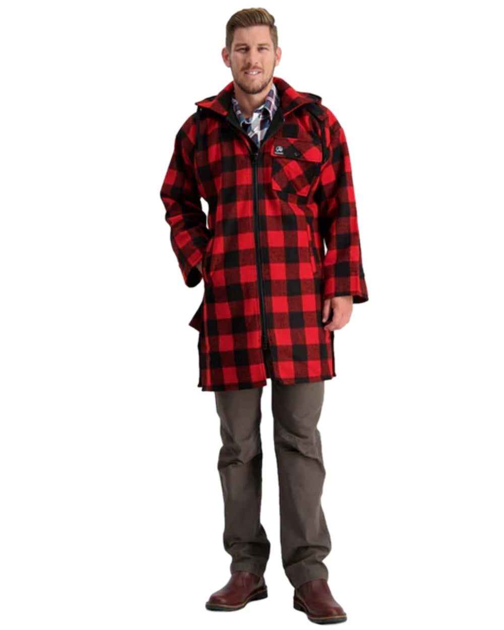 Red Black Check Coloured Swanndri Mens Mosgiel Wool Bushshirt with Zip-up Front on white background #colour_red-black-check