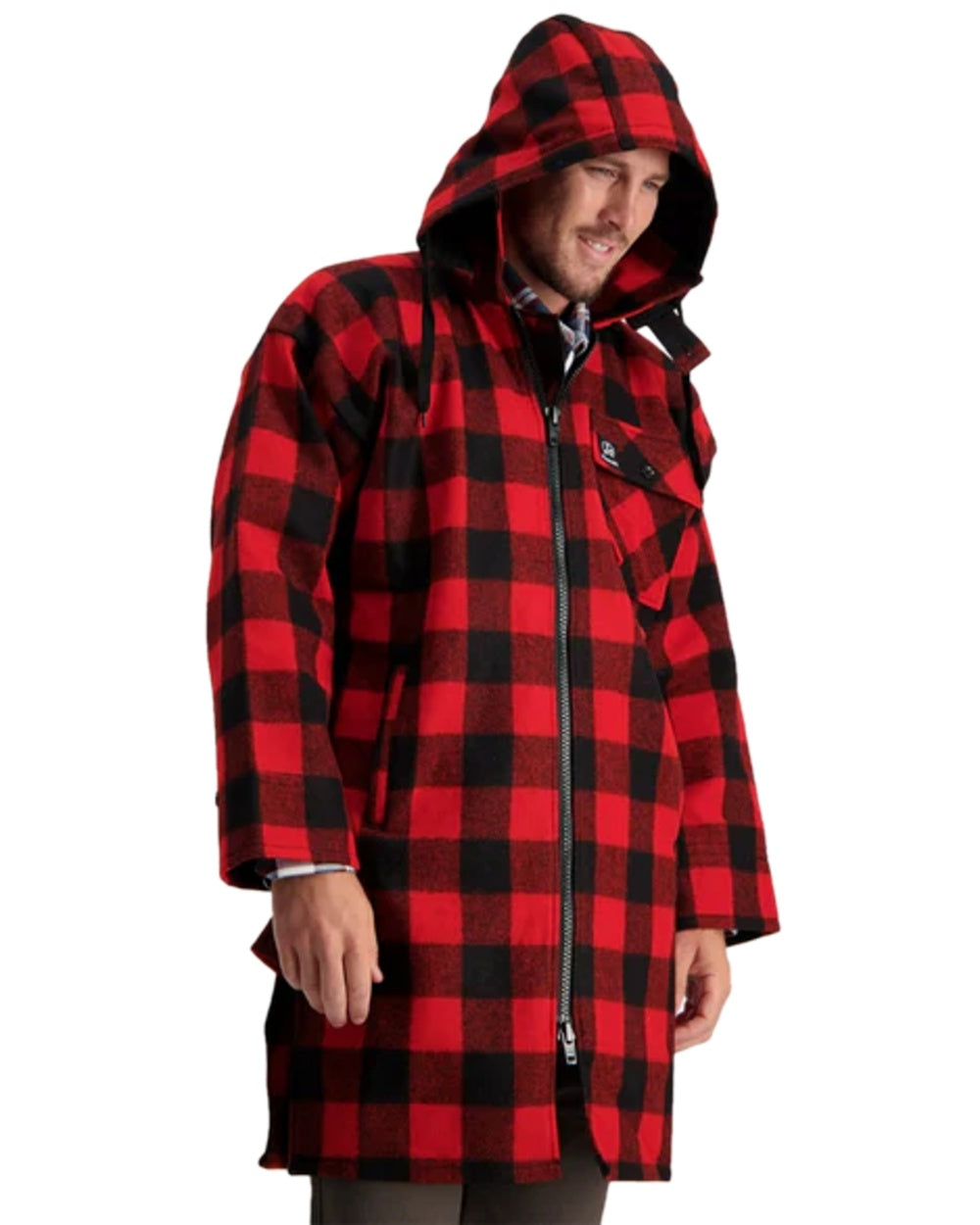 Red Black Check Coloured Swanndri Mens Mosgiel Wool Bushshirt with Zip-up Front on white background #colour_red-black-check