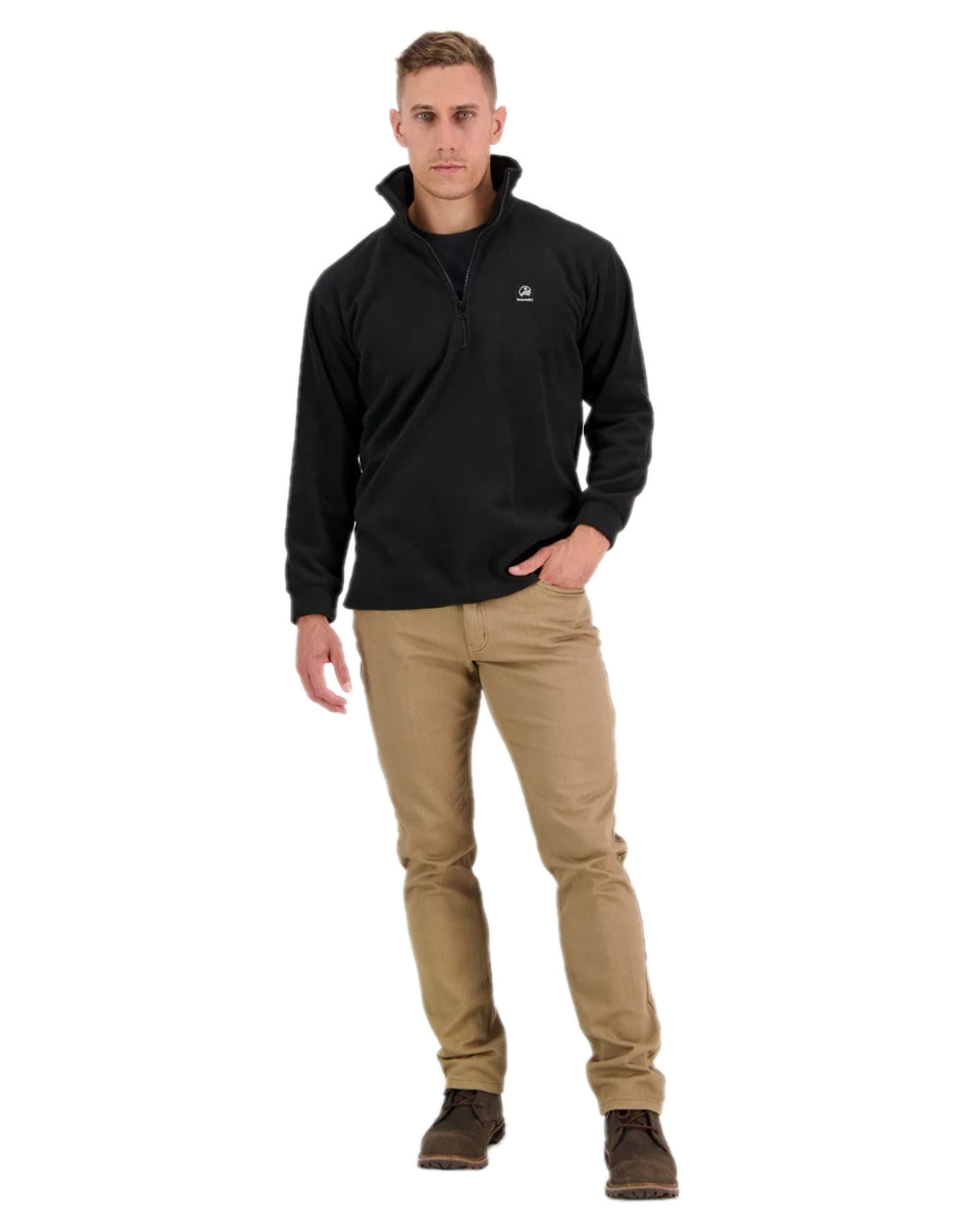 Black Coloured Swanndri Mens Motu Fleece Pullover on white background #colour_black