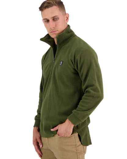 Olive Coloured Swanndri Mens Motu Fleece Pullover on white background #colour_olive