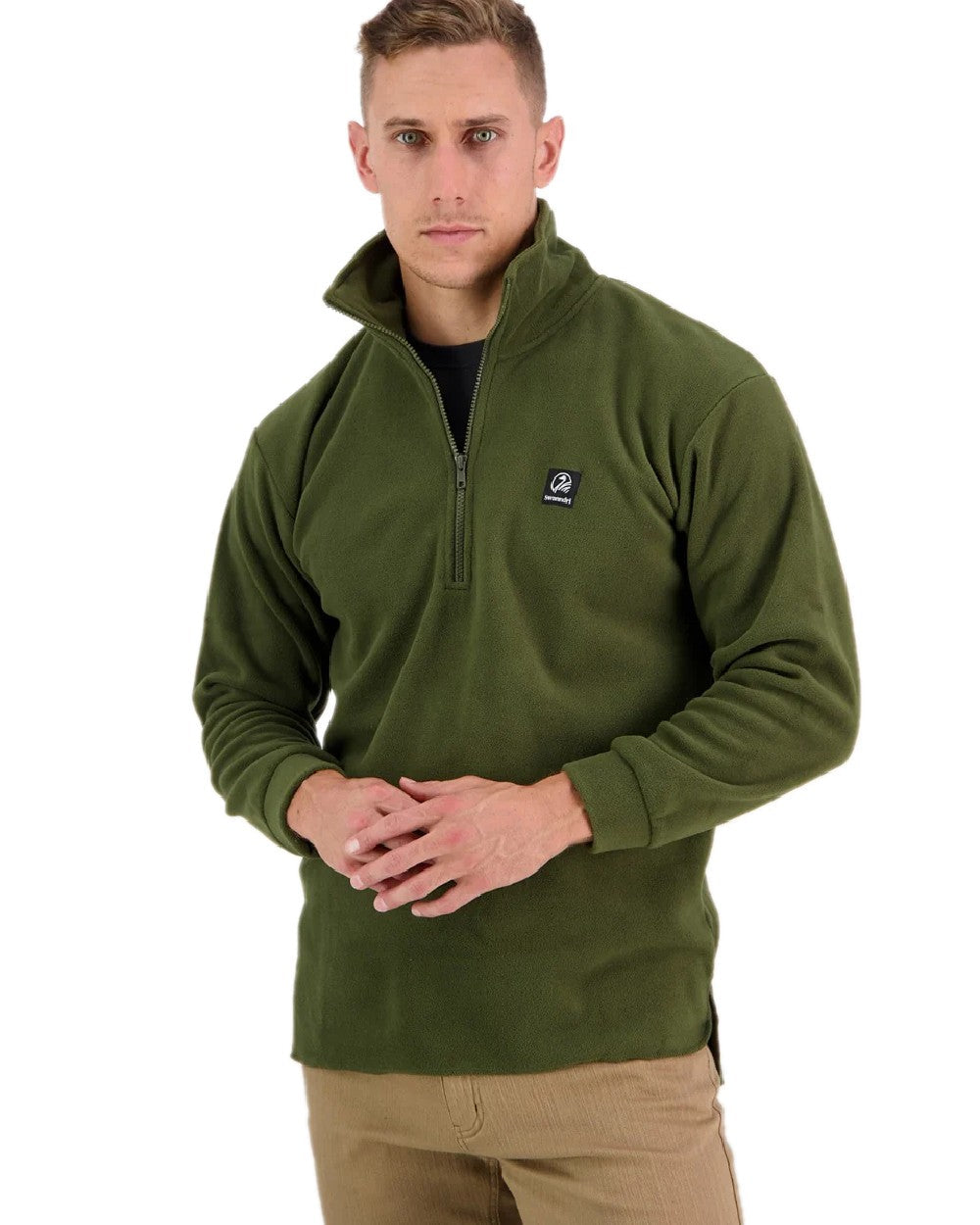 Olive Coloured Swanndri Mens Motu Fleece Pullover on white background #colour_olive