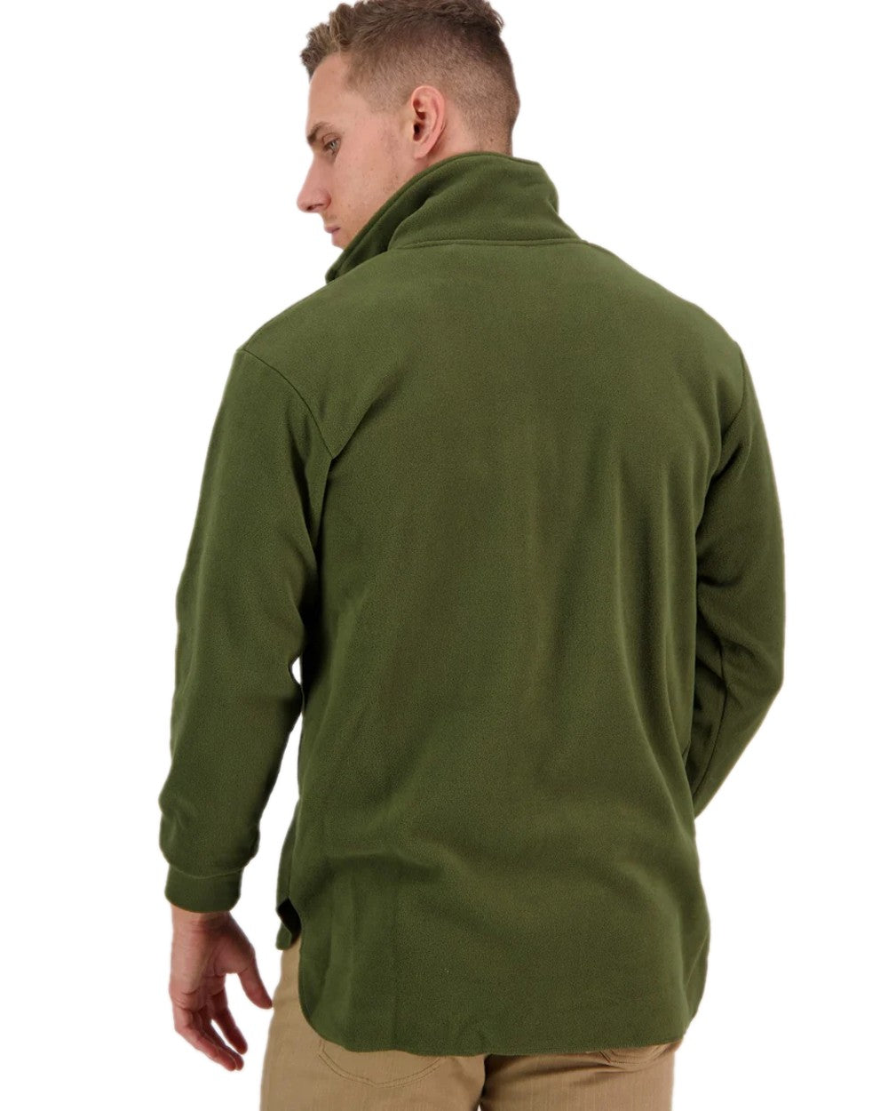 Olive Coloured Swanndri Mens Motu Fleece Pullover on white background #colour_olive