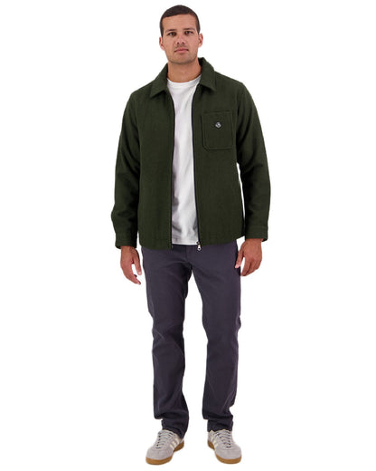 Dark Olive Coloured Swanndri Mens Northgate Wool Shacket on white background #colour_dark-olive