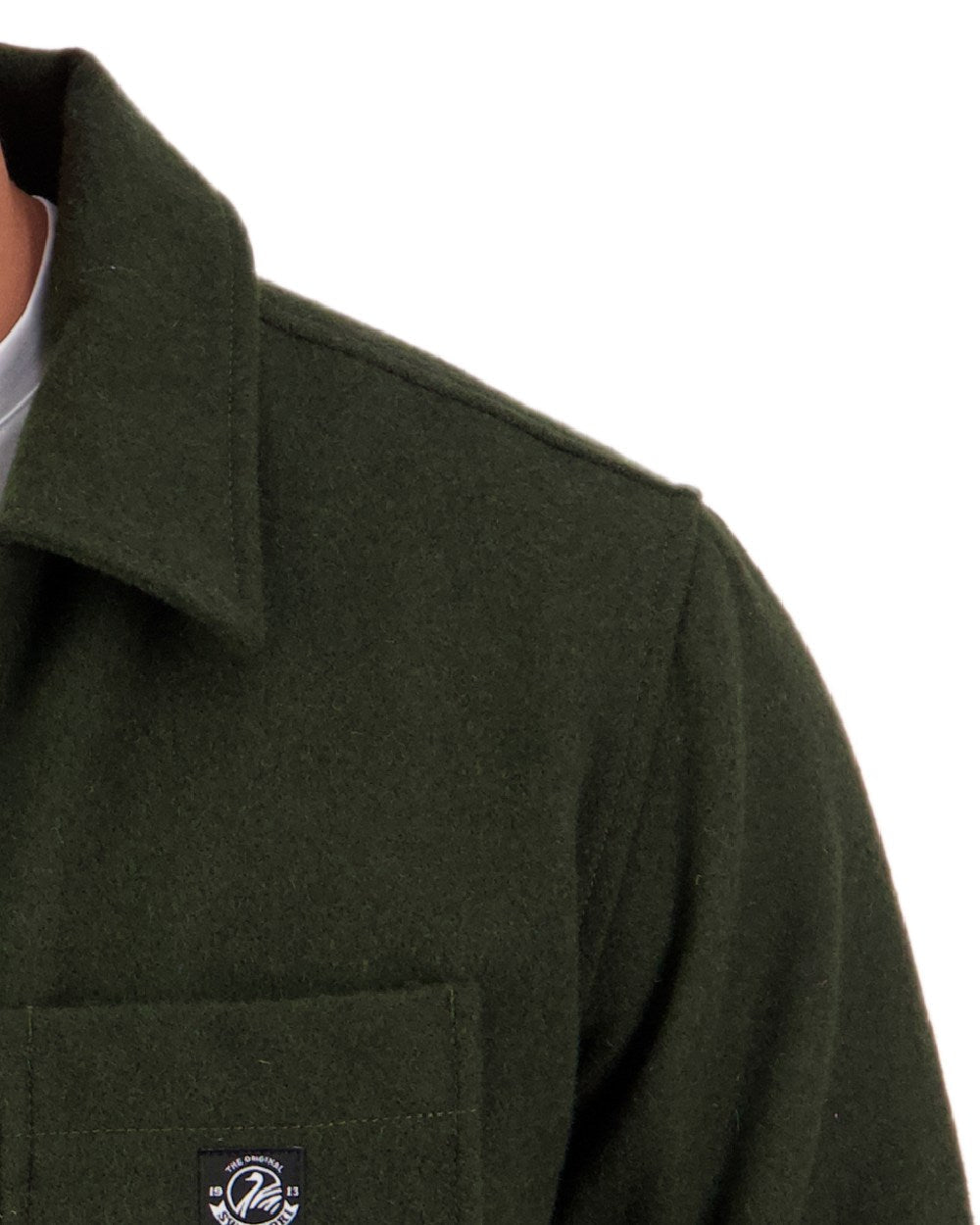 Dark Olive Coloured Swanndri Mens Northgate Wool Shacket on white background #colour_dark-olive