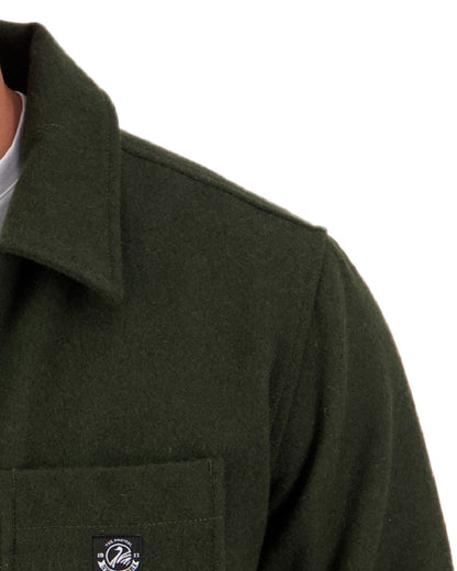 Dark Olive Coloured Swanndri Mens Northgate Wool Shacket on white background #colour_dark-olive