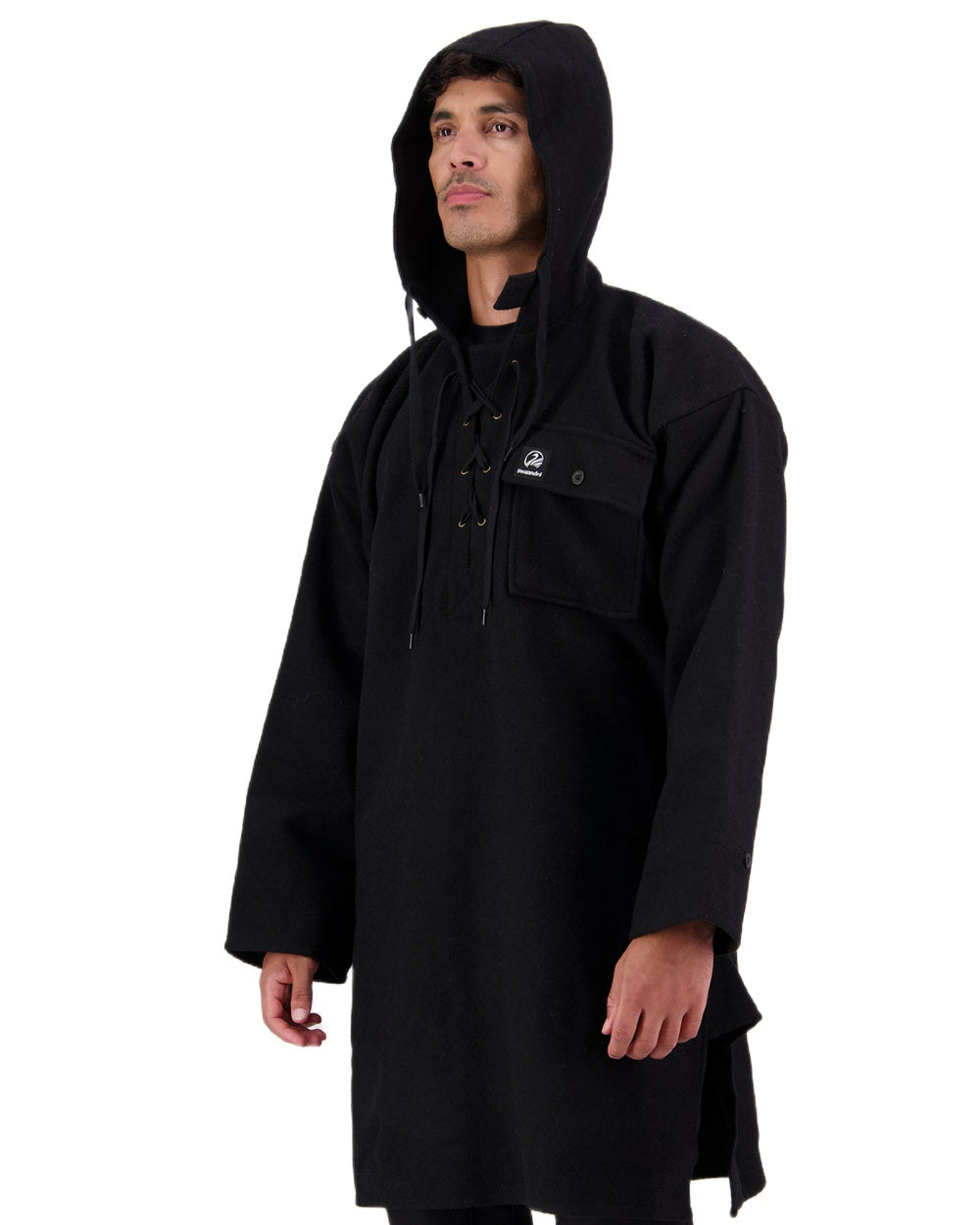 Black Coloured Swanndri Mens Original Wool Bushshirt With Lace-Up Front on white background #colour_black