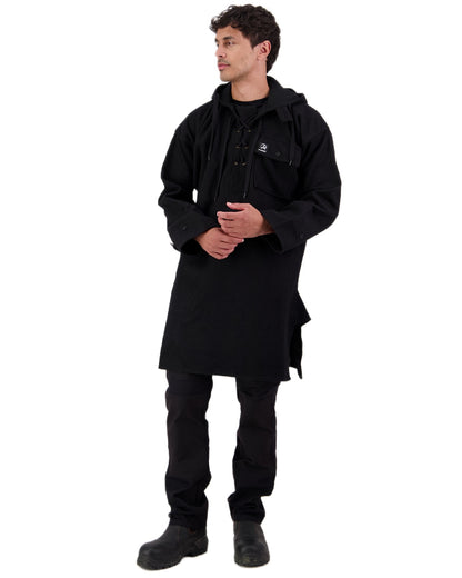 Black Coloured Swanndri Mens Original Wool Bushshirt With Lace-Up Front on white background #colour_black
