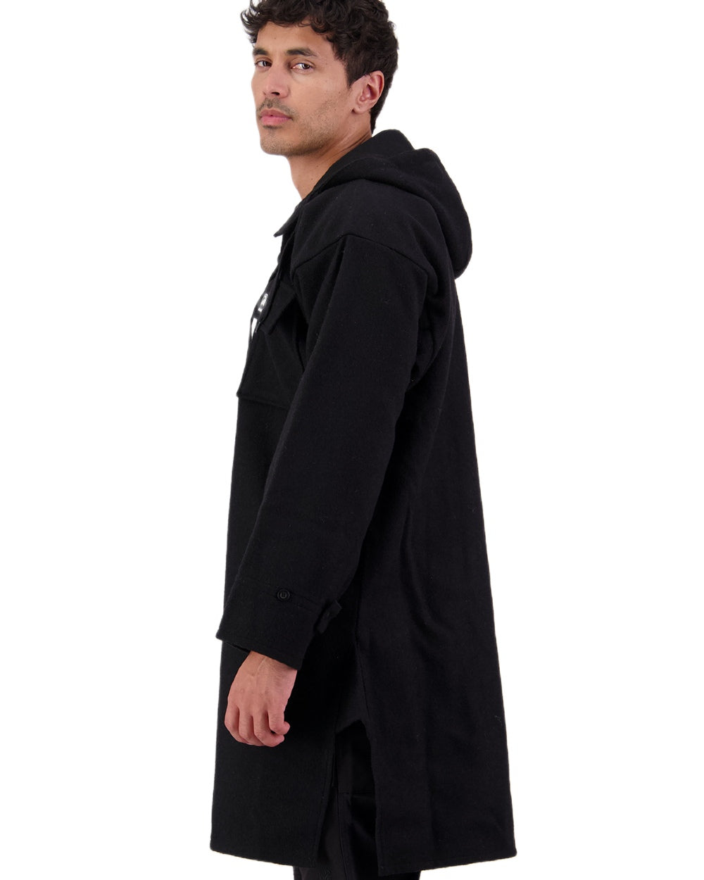 Black Coloured Swanndri Mens Original Wool Bushshirt With Lace-Up Front on white background #colour_black