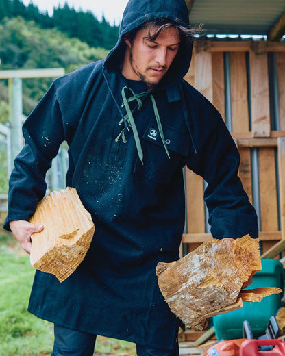 Black Coloured Swanndri Mens Original Wool Bushshirt With Lace-Up Front on outdoor background #colour_black