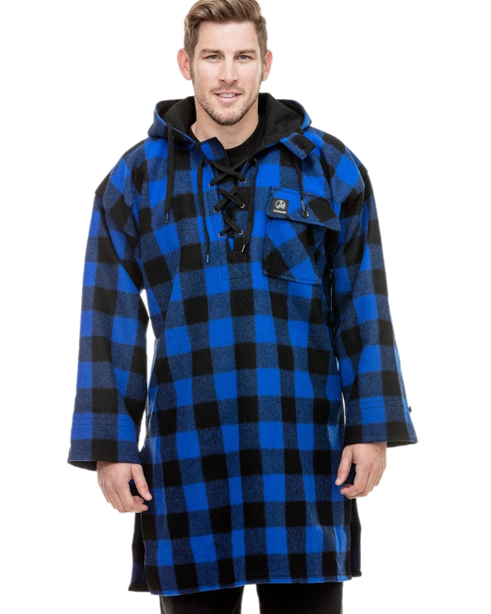 Blue Black Check Coloured Swanndri Mens Original Wool Bushshirt With Lace-Up Front on white background #colour_blue-black-check