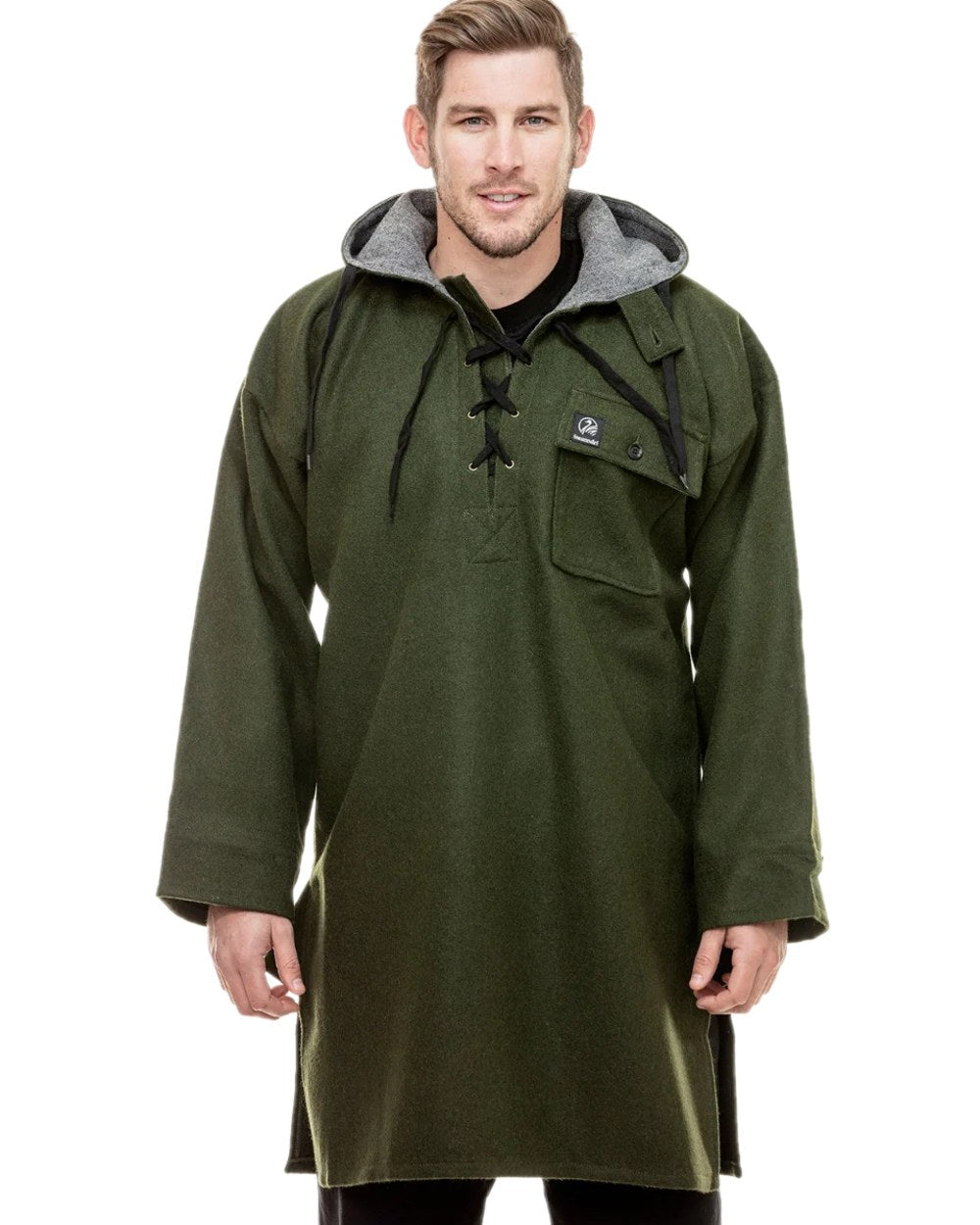 Olive Coloured Swanndri Mens Original Wool Bushshirt With Lace-Up Front on white background #colour_olive