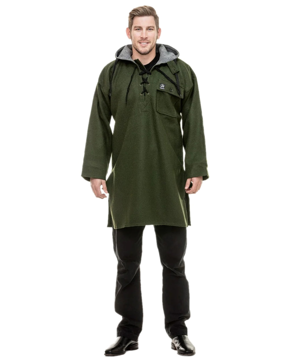 Olive Coloured Swanndri Mens Original Wool Bushshirt With Lace-Up Front on white background #colour_olive